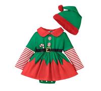 MSemis Abito Natale da Bimba Neonata Completo Elfo Festivo 2 Pezzi Abito Natalizio Maniche Lunghe con Cappello di Natale Pagliaccetto Vestito Natalizio Elegante Invernale Verde 12-18 Mesi