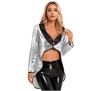 MSemis Blazer Showman Donna Giacca Frac con Paillettes Capispalla Smoking Tuxedo Deluxe Costume da Direttore del Circo Cosplay Costume Festa di Halloween Carnevale, S-3XL Argento XXL
