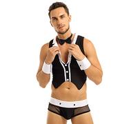 MSemis Cameriere da Uomo Sexy Biancherie Intima Sexy Hot per Sesso Cameriera Cosplay Gentleman Smoking Hot Costume Sexy Uomo Carnevale 3 PCS Perizoma Papillon Polsino Nero B Taglia Unica
