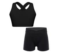 MSemis Completi Sportivi Bambine e Ragazze Tuta da Ginnastica Pattinaggio Artistico Crop Top Canottiera Sportiva Gilet Sportivo + Pantaloncini Sportivi Shorts Sweatsuit Nero 11-12 anni