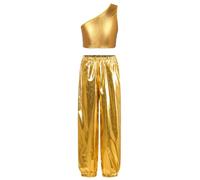 MSemis Completi Sportivi da Danza Moderna Jazz Hip Hop Bambine Ragazze Tute da Ginnastica Ballo di Strada Crop Top Monospalla Paillettes Canotte + Pantaloni con Cintura Oro A 5-6 anni