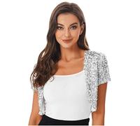 MSemis Coprispalle Bolero Donna Manica Corta Cardigan da Cerimonia Elegante con Paillettes Giacca da Festa Sposa Ballo Performance Scialle Shrug da Discoteca Club Cocktail Argento Taglia Unica