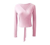 MSemis Coprispalle Donna Manica Lunga Scaldacuore Top da Danza Classica Scollo a V Maglia a Incrocio T-Shirt Top da Balletto Maglione Slim Fit Ballerina Jazz Danza Moderna Rosa XXL