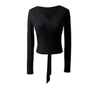 MSemis Coprispalle Donna Manica Lunga Scaldacuore Top da Danza Classica Scollo a V Maglia a Incrocio T-Shirt Top da Balletto Maglione Slim Fit Ballerina Jazz Danza Moderna Nero S