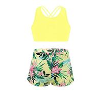 MSemis Costume da Bagno Ragazza Estivo Tankini Bambina 3 Pezzi Pantaloncini da Mare Vita Alta Canotta Top Shorts da Spiaggia Slip Tanga Thong Vita Alta Piscina Swimsuit Giallo A 11-12 Anni