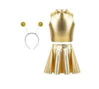 MSemis Costume da Bambina Spaziale Abtio Travestimento Alieno Crop Top Danza Moderna Minigonna Cerchietto per Capelli Alien Costume Cosplay Carnevale Halloween Oro 9-10 anni