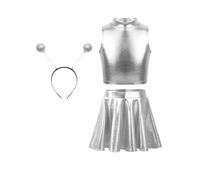 MSemis Costume da Bambina Spaziale Abtio Travestimento Alieno Crop Top Danza Moderna Minigonna Cerchietto per Capelli Alien Costume Cosplay Carnevale Halloween Argento 9-10 anni