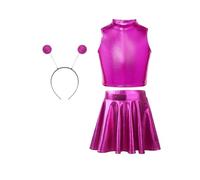 MSemis Costume da Bambina Spaziale Abtio Travestimento Alieno Crop Top Danza Moderna Minigonna Cerchietto per Capelli Alien Costume Cosplay Carnevale Halloween Rosa 9-10 anni