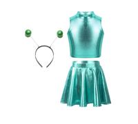 MSemis Costume da Bambina Spaziale Abtio Travestimento Alieno Crop Top Danza Moderna Minigonna Cerchietto per Capelli Alien Costume Cosplay Carnevale Halloween Lago blu 9-10 anni