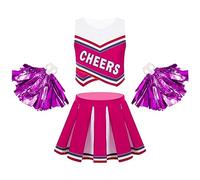 MSemis Costume da Cheer-Leader Bambina 3 Pezzi Vestito da Cheerleading + Calzini + Pom Pom Ragazza per Scuola Uniforme Cosplay Festa di Compleanno Costume Canevale Rosa rosso C 7-8 anni