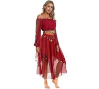 MSemis Costume da Danza del Ventre a Tema Indiano Donna Costume da Balletto Ballo Indiano Arabo Ballerino Abito Principessa Crop Top + Chiffon Gonna con Paillettes Dancewear Rosso Taglia Unica