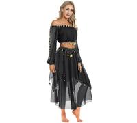 MSemis Costume da Danza del Ventre a Tema Indiano Donna Costume da Balletto Ballo Indiano Arabo Ballerino Abito Principessa Crop Top + Chiffon Gonna con Paillettes Dancewear Nero Taglia Unica