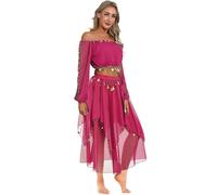 MSemis Costume da Danza del Ventre a Tema Indiano Donna Costume da Balletto Ballo Indiano Arabo Ballerino Abito Principessa Crop Top + Chiffon Gonna con Paillettes Dancewear Rosa Caldo Taglia Unica