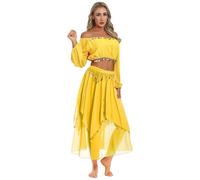 MSemis Costume da Danza del Ventre a Tema Indiano Donna Costume da Balletto Ballo Indiano Arabo Ballerino Abito Principessa Crop Top + Chiffon Gonna con Paillettes Dancewear Giallo Taglia Unica