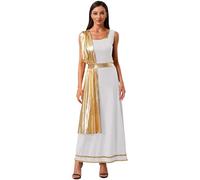 MSemis Costume da Dea Greca da Donna per Carnevale Halloween Festa a Tema Vestito Toga Imperatrice Romana Abito Tunica Regina Egiziana Cleopatra Abito Travestimento Oro bianco L