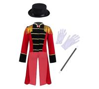 MSemis Costume da Direttore di Circo Bambino Blazer Showman Smoking Abito Giacca Capotto Maestro di Circo + Cappello + Bacchetta Magica + Guanti Costume Halloween Carnevale Rosso 15-16 anni