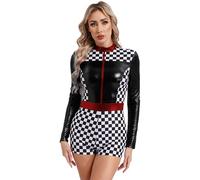 MSemis Costume da Pilota di Auto da Corsa Donna Tuta da Pilota Racer Romper Bodysuit Leotard Costume Pilota Formula 1 Quadri Abito Travestimento Costume Halloween Carnevale Nero S