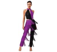MSemis Costume Disco Diva Anni '70 Anni '80 Donna Body da Ballo Latino Americano Tango con Nappe Paillettes Tuta Intera da Ginnastica Ritmica Stile Disco Discoteca Carnevale Viola S