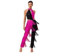 MSemis Costume Disco Diva Anni '70 Anni '80 Donna Body da Ballo Latino Americano Tango con Nappe Paillettes Tuta Intera da Ginnastica Ritmica Stile Disco Discoteca Carnevale Rosa caldo L