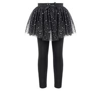 MSemis Leggings Senza Piedi per Bambine con tutù con Gonna 2 in 1 Leggings Lungo a Stella Scintillante Pantaloni Collant Sportivi per Yoga Corsa Danza Primavera Autunno Nero 4-5 Anni