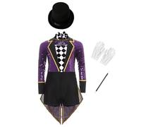 MSemis Ragazze Costume Domatore Circo Vestito da Banda Majorette con Paillettes Body da Maestro del Circo Leotard Bodysuit Ringmaster Costume Carnevale Halloween Viola 15-16 anni