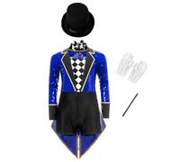 MSemis Ragazze Costume Domatore Circo Vestito da Banda Majorette con Paillettes Body da Maestro del Circo Leotard Bodysuit Ringmaster Costume Carnevale Halloween Blu reale 11-12 anni