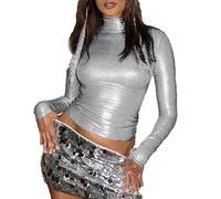 MSemis Tank Top Corto Metallizzato da Donna Maglietta Lucida T-Shirt da Festa Rave Party Costume Carnevale Festa Compleanno Slim Fit Maglia Camicia Collo a Lupetto Argento S