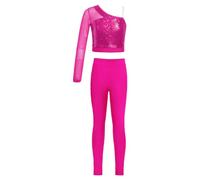 MSemis Tuta da Ginnastica Artistica Bambina Completo Sportivo da Allenamento Danza Moderna Jazz Hip Hop Crop Top Monospalla Lucida e Leggings Sportivi Streetwear Dancewear Rosa 7-8 anni