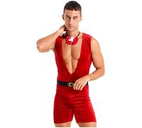 MSemis Uomo Natalizi Natale Natalizio Bodysuit Body Leotards Sexy Hot per Sesso Intimo Costume da Festa di Natale Costume da Babbo Natale Natalizio Natalizi con Cintura Rosso XXL