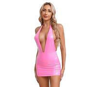 MSemis Vestito Corto Sexy Donna Mini Abito Elegante in Pelle Verniciata Wetlook Miniabito Senza Schienale con Taglio a V Profondo Bodycon Abito Bodycon da Festa Casual Rosa L