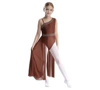 MSemis Vestito Danza Lirica Contemporanea Bambina Monospalla Abito da Balletto Pattinaggio Artistico Body Ginnastica Ritmica con Gonna in Tulle Costume da Danza Performance Marrone Scuro 11-12 Anni