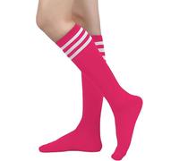 MSEVRNY Calzini alti da donna alti al ginocchio calzini sportivi atletici corsa calzini lunghi tubo con triple strisce calze casual, Rosered/Bianco, Taglia unica