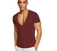 MSEVRNY Maglietta da uomo con scollo a V profondo, elasticizzata, per palestra, allenamento, a maniche corte, vestibilità aderente, Vino rosso, L