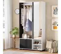 MSFE Guardaroba da Ingresso con 144cm specchio,Guardarobas Compatto con Asta Appendiabiti, Scarpiera e Scomparti, Set guardaroba, Mobile Ingresso con specchio,100L x 33W x 190H cm