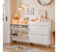 MSFE Scarpiera Salvaspazio Slim mit LED, Scarpiera Portascarpe in Legno, Scarpieras Ingresso con ripiani in vetro e 20 colori di luce,4 Ante a Ribalta, per Stretto Corridoio,Soggiorno,117*106*24cm