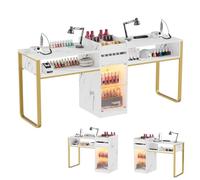 MSFE Tavolo per Manicure in Legno, Tavolo Manicure Doppio con Cassetti, Armadietti Visualizzati con Luci LED Regolabili, Marmo-bianco-oro Tavolo Unghie Moderno per Salone di Bellezza,194 * 45 * 81cm