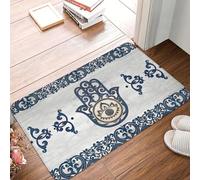 MSHEEFG Tappetino cattura sporco Hamesh Hamsa mano pace tappetino da bagno Fatima in legno blu tappeto casa zerbino cucina ingresso ingresso pavimento anteriore grasso 40 x 60 cm
