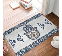 MSHEEFG Zerbino in legno blu Fatima Hamesh Hamsa mano pace antiscivolo tappeto zerbino camera da letto cucina tappetino decorazione porta d'ingresso 40 x 60 cm