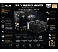 MSI MPG A850G PCIE5, Alimentatore 850W, certificato 80 Plus Gold, ATX 3.0 100% modulare, supporto GPU PCIe 5.0, 105°C condensatori giapponesi, 0% RPM Mode, cavi piatti - 10 anni di garanzia