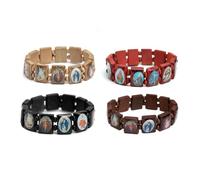 MSINMINW 4 braccialetti in legno con Gesù, rosario elastico in legno, con immagini di santi religiosi, regalo per uomini e donne, One Size, Legno, Nessuna pietra preziosa