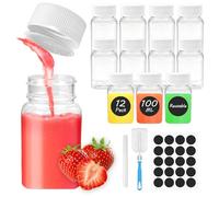 MSLHUB 12 Pezzi Piccole Bottiglie per Shot da Riempire, Bottiglie Vuote in Plastica da 60ml/100ml per Smoothie e Succhi, Bottiglie per Shot con Etichetta, Bottiglie per Shot di Zenzero con Coperchio