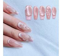 MSLSOZ 10 unghie finte a pressione, con punta francese, quadrate, lucide, effetto occhio di gatto, decorazione con perle e design trapuntato a diamante, con set di strumenti per manicure da donna (M