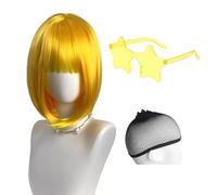 MSLSOZ Parrucca da donna con taglio corto e riccio giallo con occhiali da festa a stelle, parrucca da ballo mascherato da donna, adatta per cosplay, Natale, Halloween.