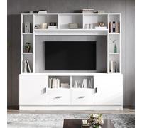 MSMOK 180 x 35 x 170 cm, set da parete con vetrina, supporto per TV e scaffale, set di mobili per soggiorno con 2 armadi, 2 cassetti, 11 vani portaoggetti, parete per soggiorno, TV fino a 60", bianco