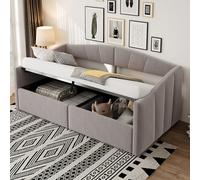 MSMOK 90 x 200 cm, grigio chiaro, letto imbottito con sistema idraulico, con rete a doghe e braccioli, classica a righe, multiuso, tessuto in velluto delicato sulla pelle