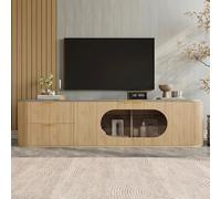MSMOK Armadio moderno e minimalista per TV effetto legno, 172 cm, con strisce verticali 3D, vetrina ovale in vetro grigio, spazio di archiviazione multizone, armadio soggiorno