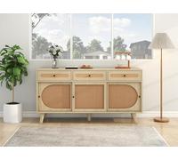 MSMOK Credenza in legno, lunghezza 140 cm, con porta in plastica PE e ripiani regolabili, credenza con 3 ante scorrevoli, 3 cassetti