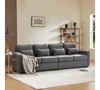MSMOK Divano a quattro posti con tasche per braccioli e 4 cuscini, moderno divano a 4 posti in tessuto di lino, grigio, 264 x 83 x 87 cm