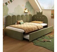 MSMOK Divano letto con letto estraibile, 90 x 200 cm, a forma di L, in velluto verde, simpatico design a griglia a corona, salvaspazio, per la cameretta dei bambini e la camera degli ospiti, senza