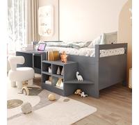 MSMOK Lettino per bambini, 90 x 200 cm, con vano portaoggetti, scrivania con prese secondo la norma europea, letto singolo in legno, grigio